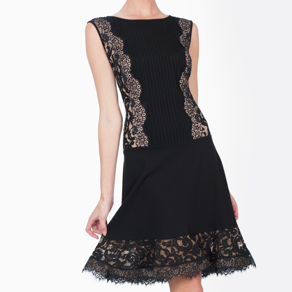 Tadashi Shoji PINTUCK JERSEY LACE PANEL DRESS, SHEER LACE, black/nude Medium